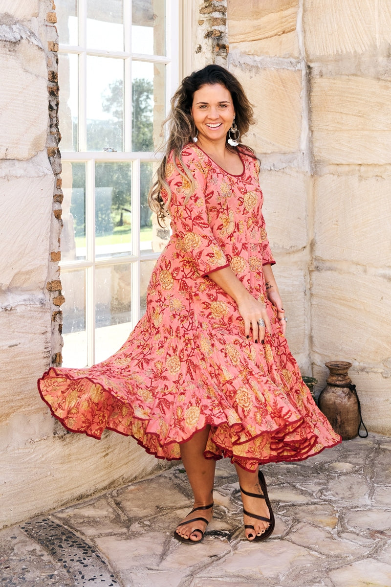 Womens, midi, Flamenco Dress, 100% Cotton, hand block print. Reverie