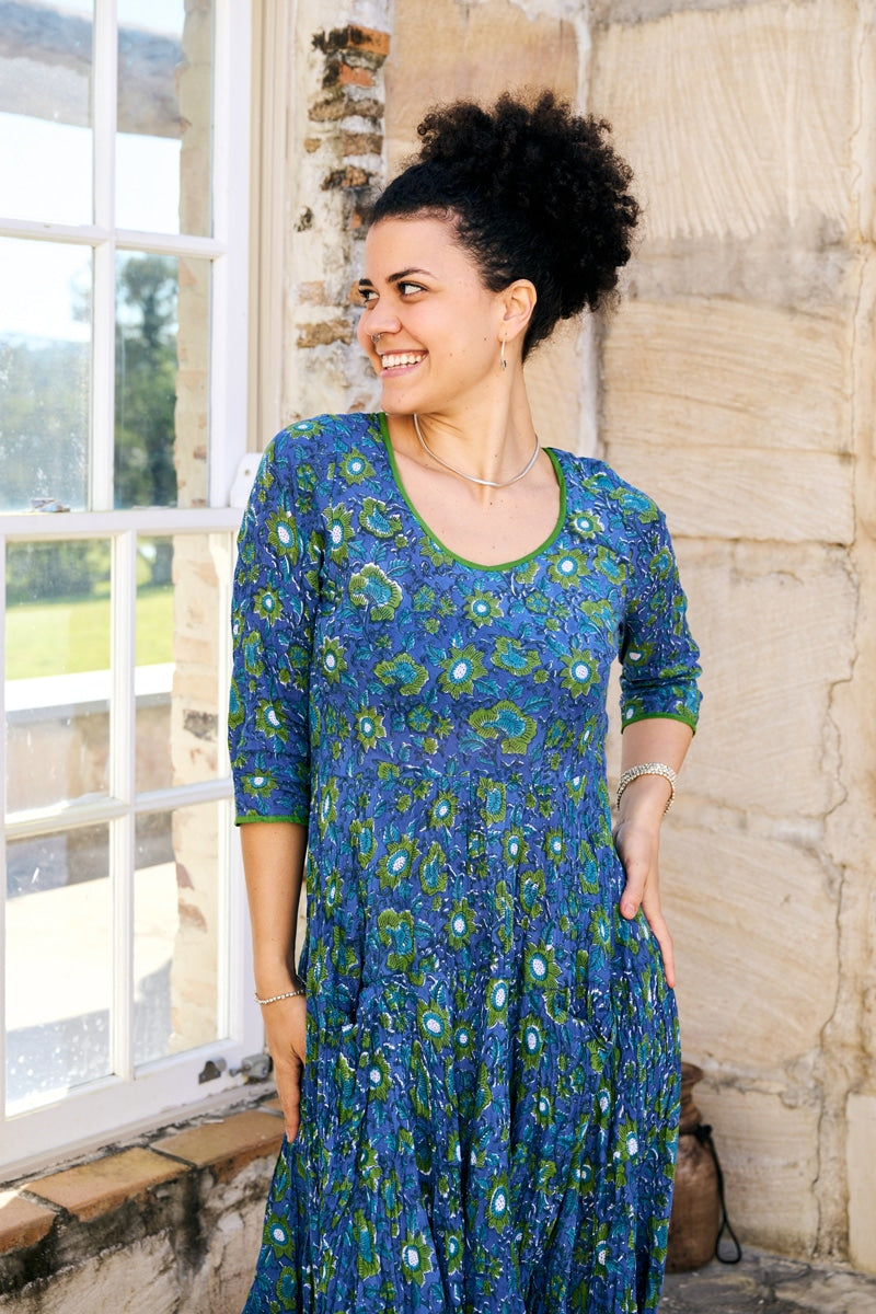 Womens, midi, Flamenco Dress, 100% Cotton, hand block print. Blue Green Wren