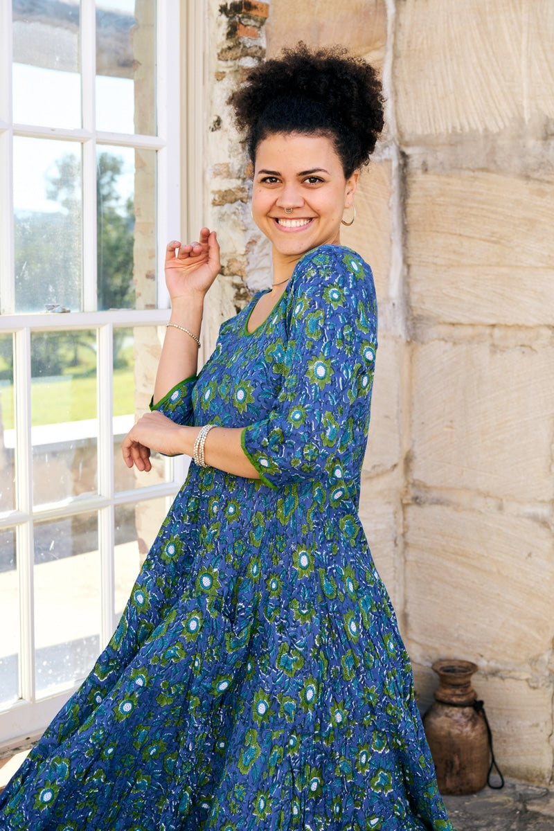 Womens, midi, Flamenco Dress, 100% Cotton, hand block print. Blue Green Wren