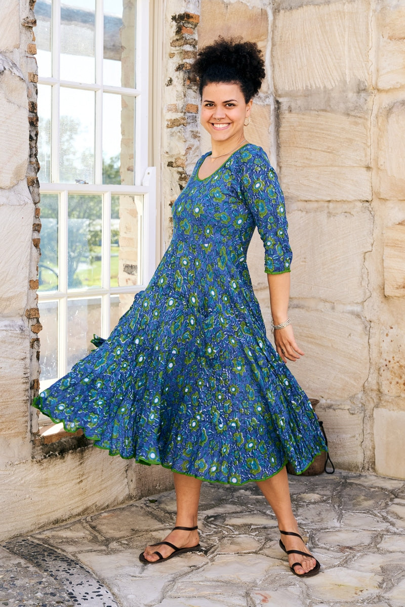 Womens, midi, Flamenco Dress, 100% Cotton, hand block print. Blue Green Wren