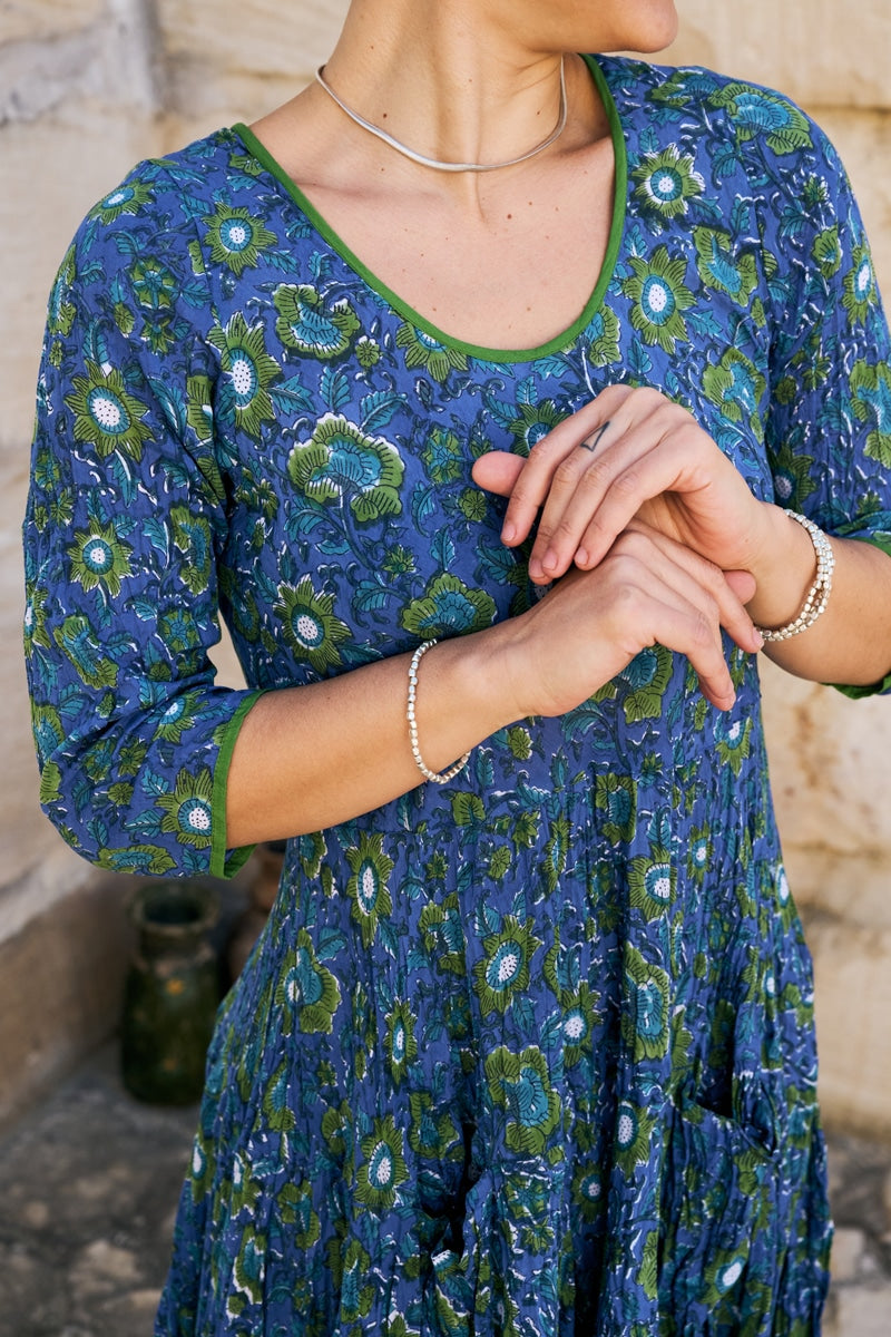 Womens, midi, Flamenco Dress, 100% Cotton, hand block print. Blue Green Wren