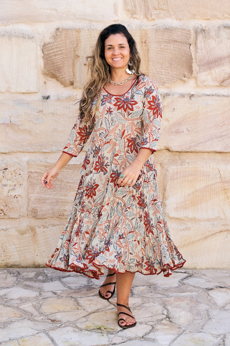 Womens, midi, Flamenco Dress, 100% Cotton, hand block print. in autumn floral - Roshan