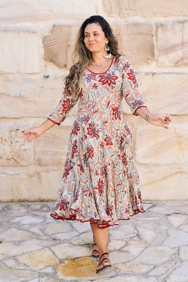 Womens, midi, Flamenco Dress, 100% Cotton, hand block print. in autumn floral - Roshan