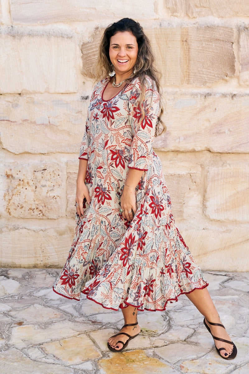 Womens, midi, Flamenco Dress, 100% Cotton, hand block print. in autumn floral - Roshan