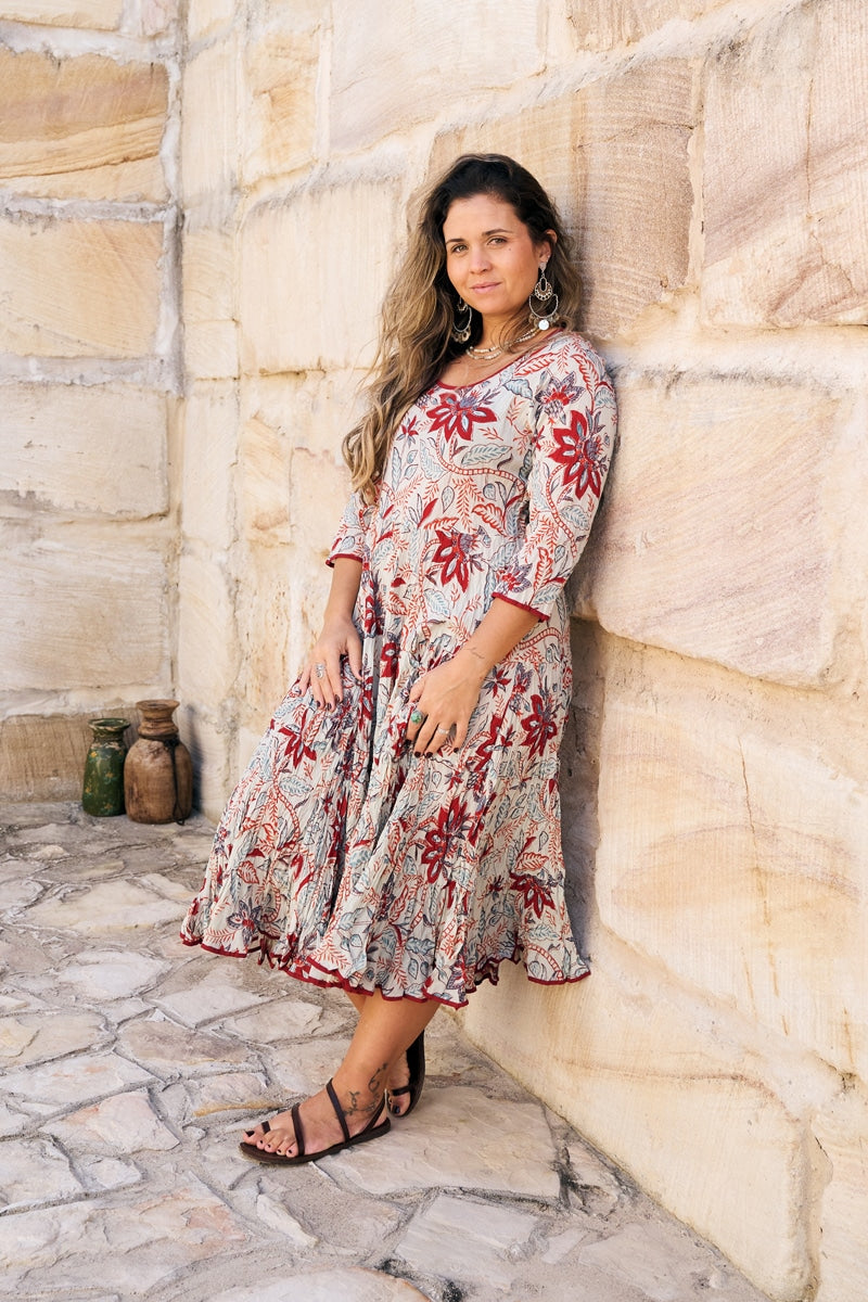 Womens, midi, Flamenco Dress, 100% Cotton, hand block print. in autumn floral - Roshan
