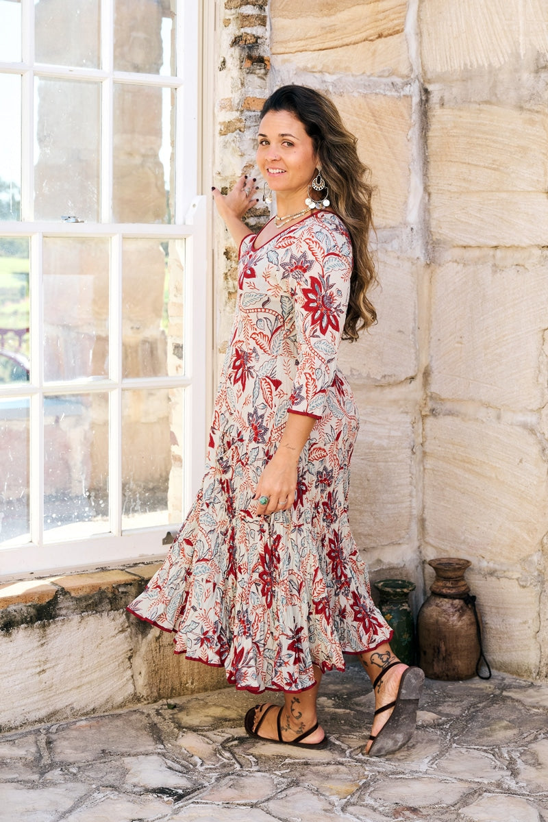 Womens, midi, Flamenco Dress, 100% Cotton, hand block print. in autumn floral - Roshan