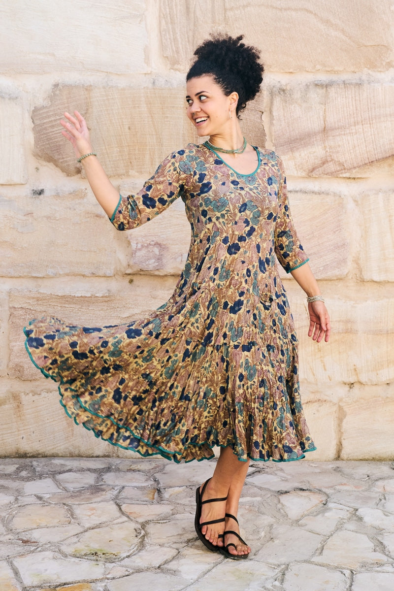 Womens, midi, Flamenco Dress, 100% Cotton, hand block print. in Myridia