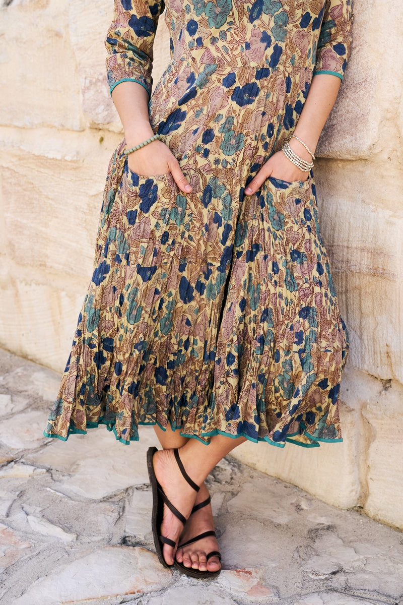 Womens, midi, Flamenco Dress, 100% Cotton, hand block print. in Myridia