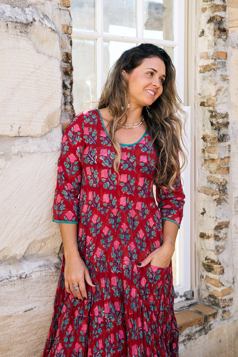 Womens, midi, Flamenco Dress, 100% Cotton, hand block print. in Ruby Veda