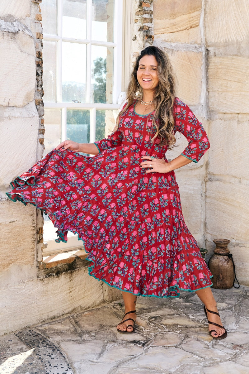 Womens, midi, Flamenco Dress, 100% Cotton, hand block print. in Ruby Veda