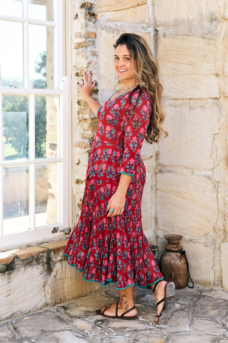 Womens, midi, Flamenco Dress, 100% Cotton, hand block print. in Ruby Veda