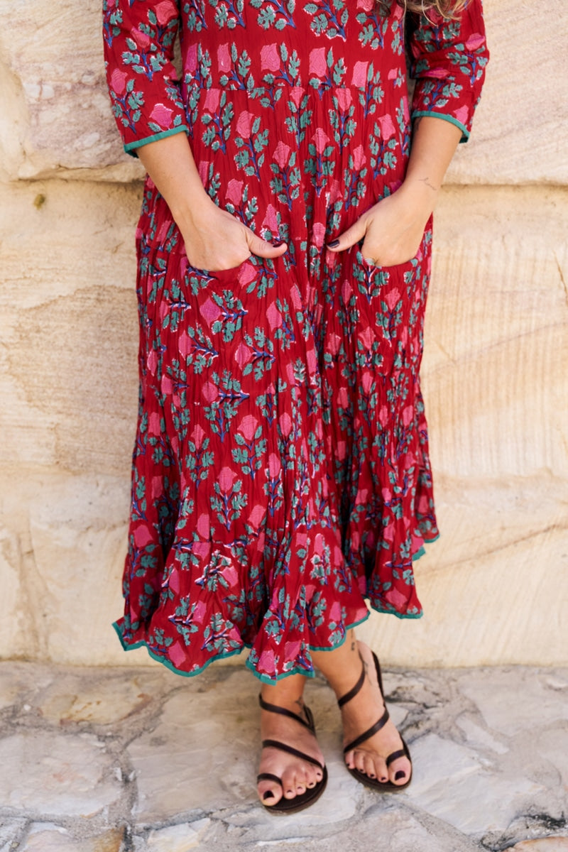 Womens, midi, Flamenco Dress, 100% Cotton, hand block print. in Ruby Veda