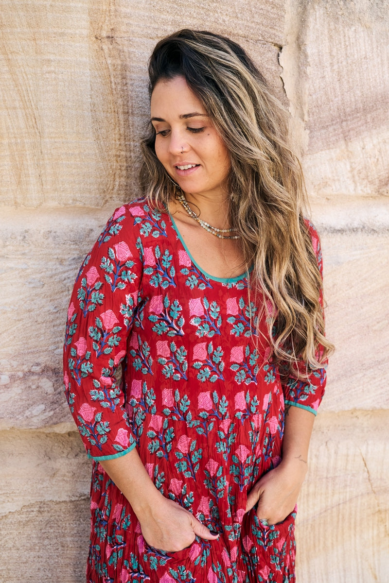 Womens, midi, Flamenco Dress, 100% Cotton, hand block print. in Ruby Veda