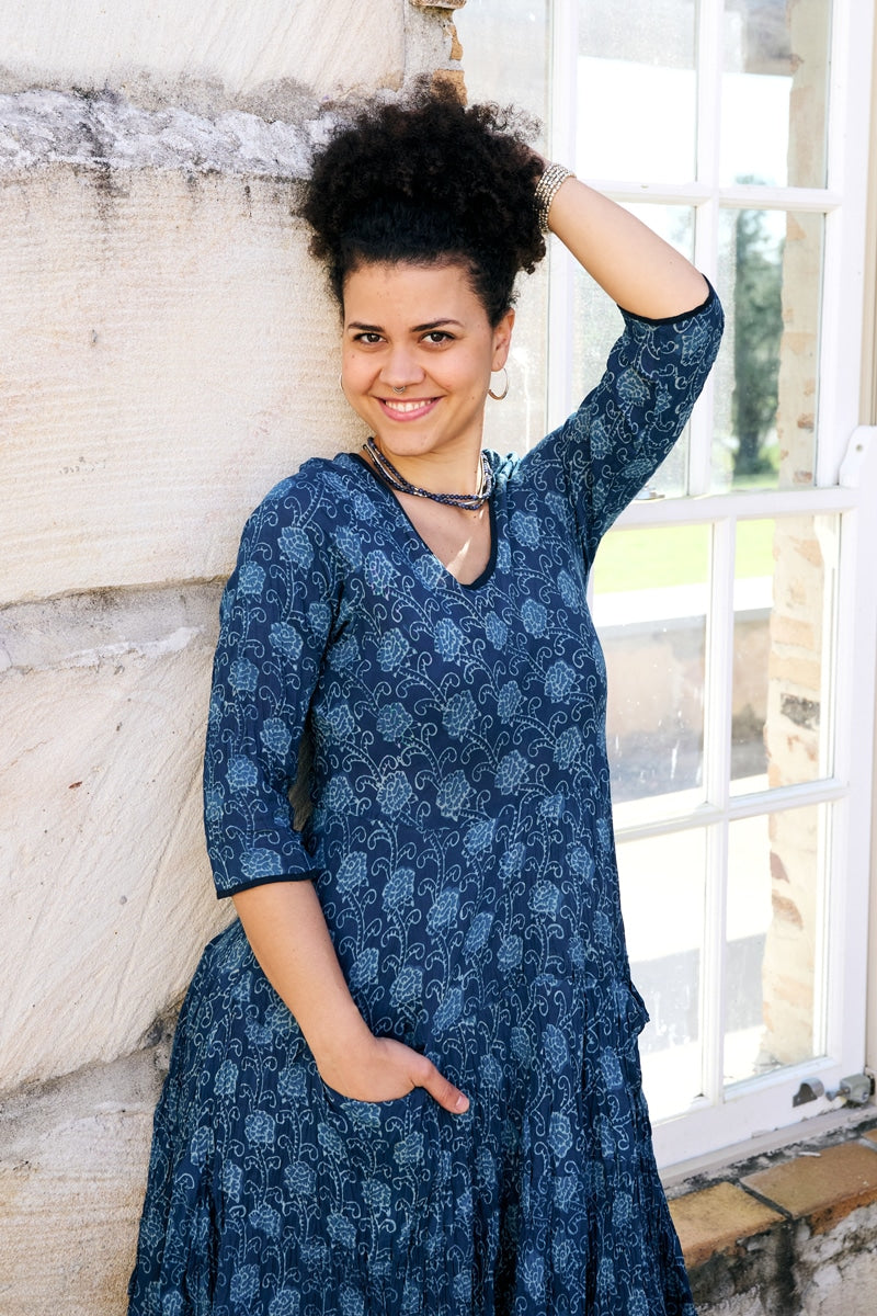 Womens, midi, Flamenco Dress, 100% Cotton, hand block print. in Indigo Lila