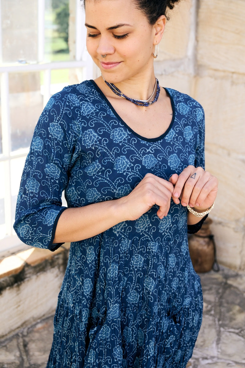 Womens, midi, Flamenco Dress, 100% Cotton, hand block print. in Indigo Lila