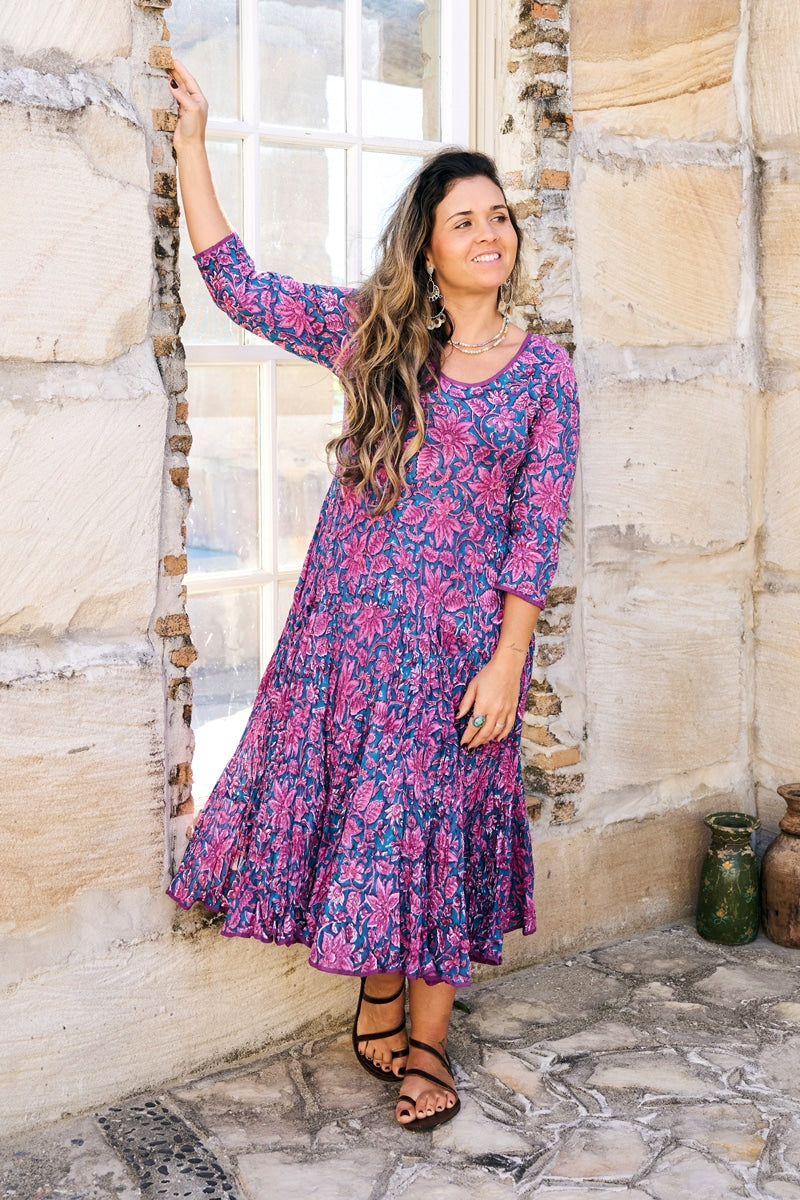 Womens, midi, Flamenco Dress, 100% Cotton, hand block print. in Serenade