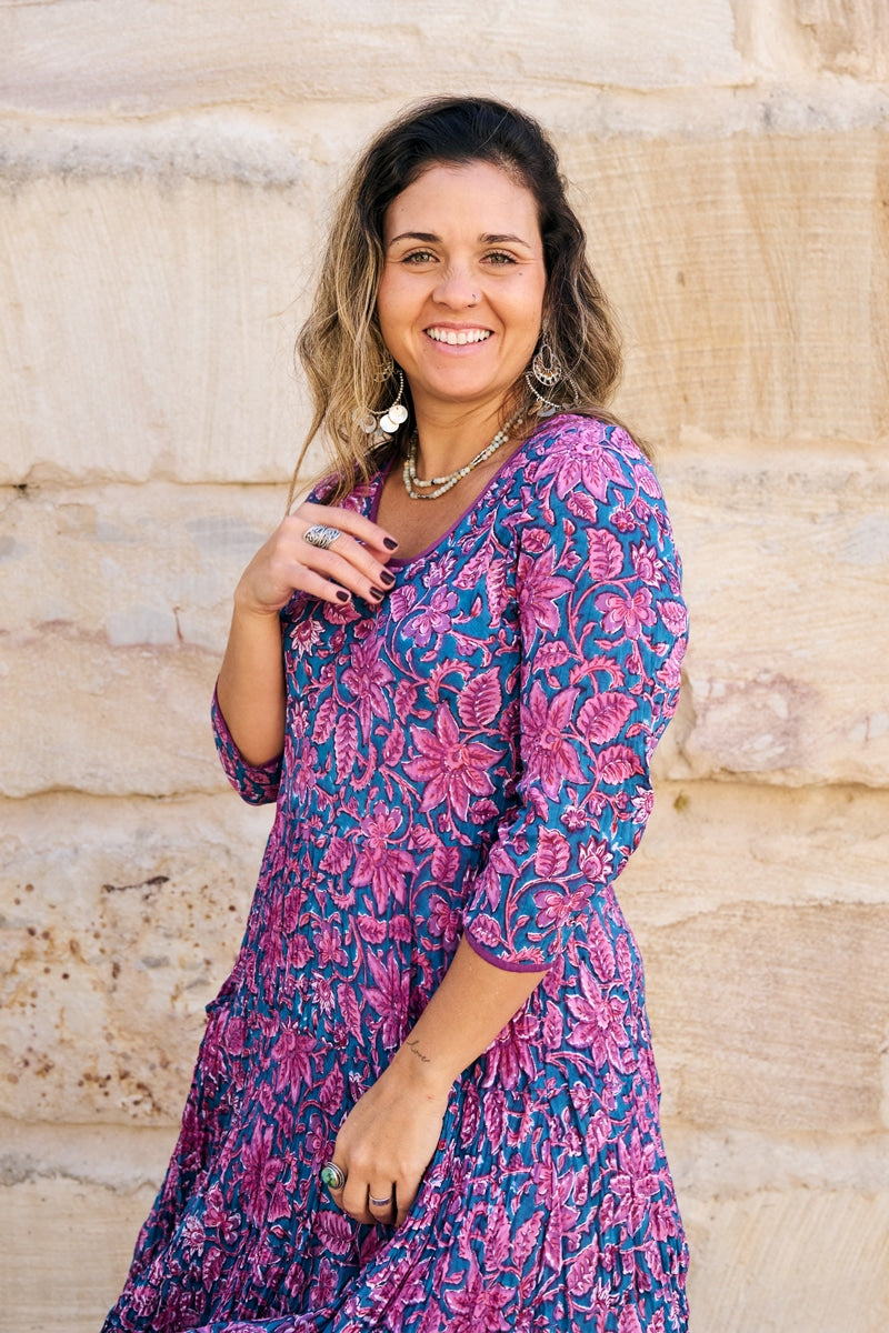 Womens, midi, Flamenco Dress, 100% Cotton, hand block print. in Serenade