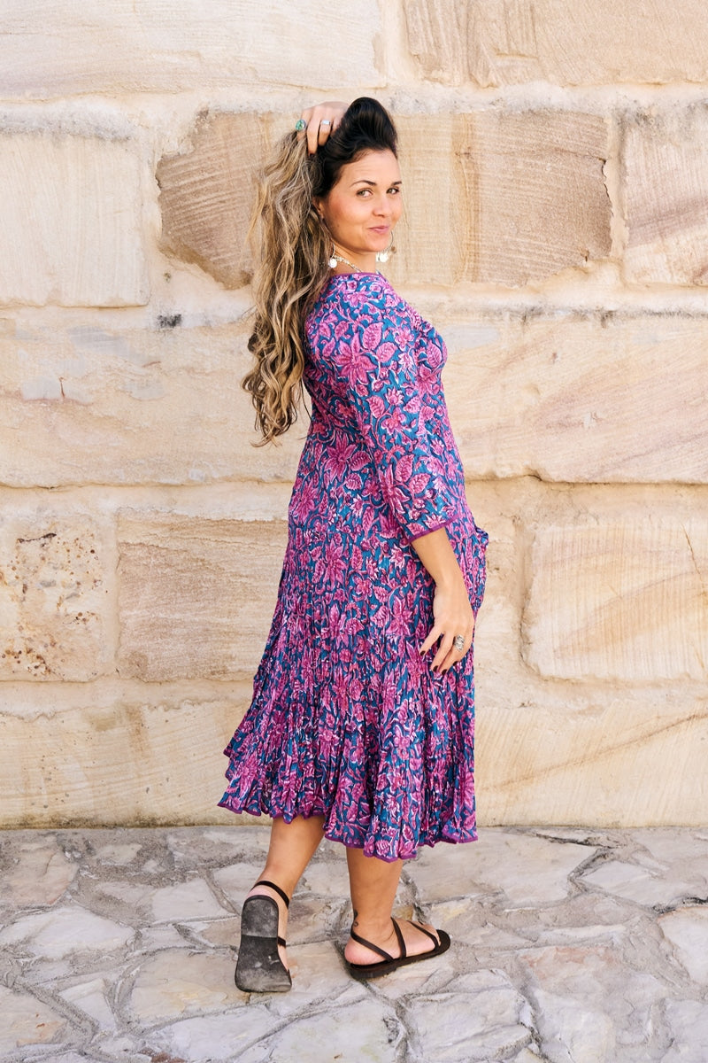 Womens, midi, Flamenco Dress, 100% Cotton, hand block print. in Serenade