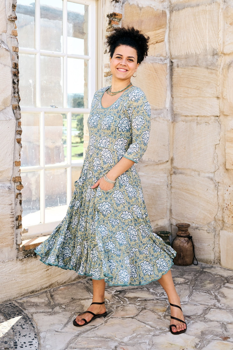 Womens, midi, Flamenco Dress, 100% Cotton, hand block print. in Sea Willow