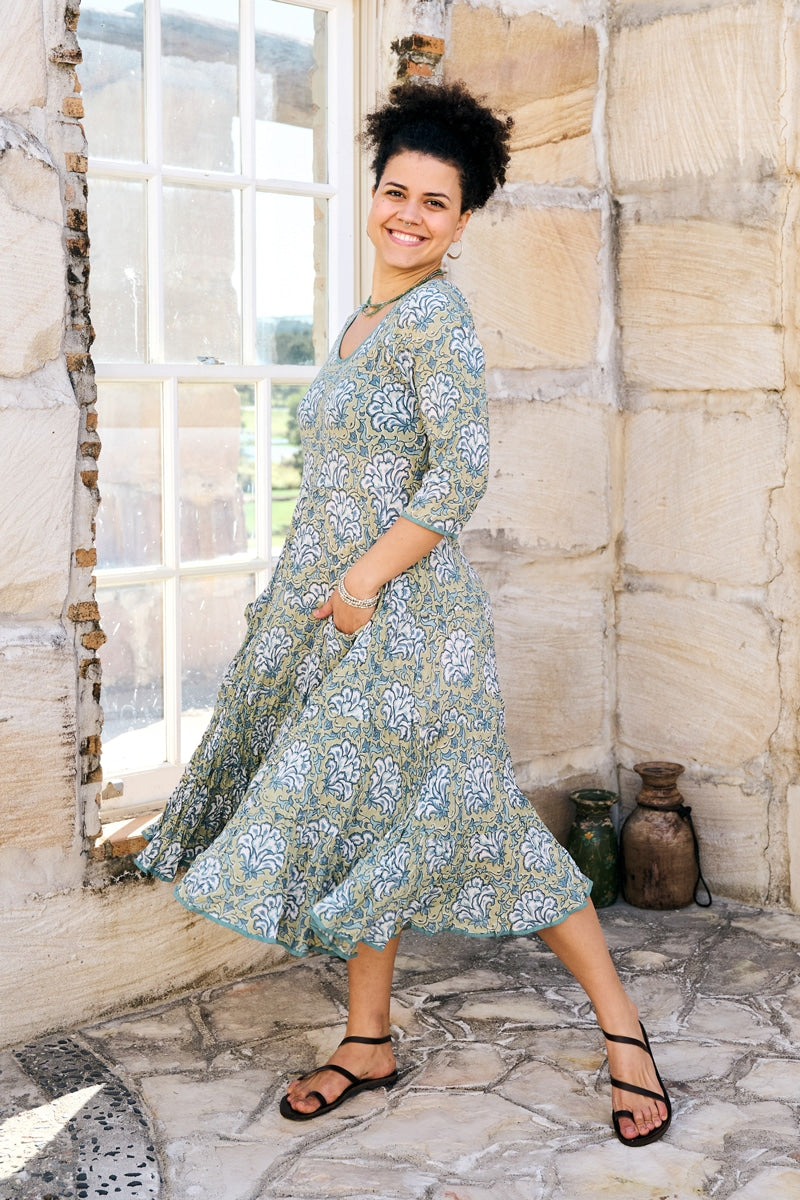 Womens, midi, Flamenco Dress, 100% Cotton, hand block print. in Sea Willow