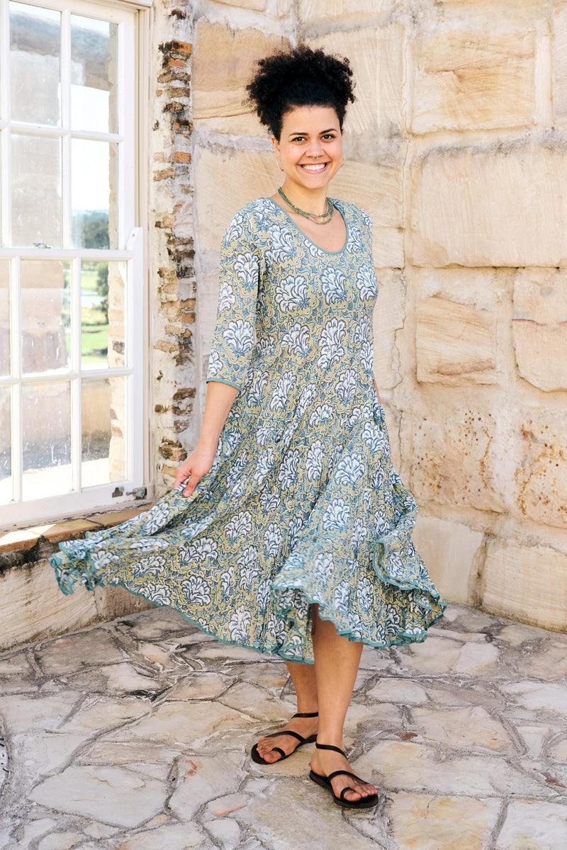 Womens, midi, Flamenco Dress, 100% Cotton, hand block print. in Sea Willow