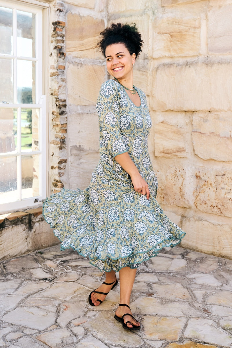 Womens, midi, Flamenco Dress, 100% Cotton, hand block print. in Sea Willow