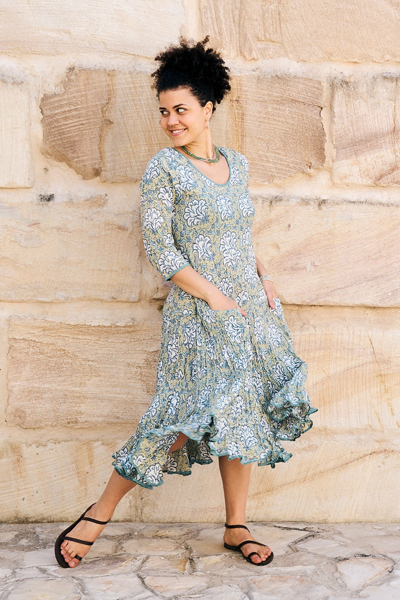 Womens, midi, Flamenco Dress, 100% Cotton, hand block print. in Sea Willow