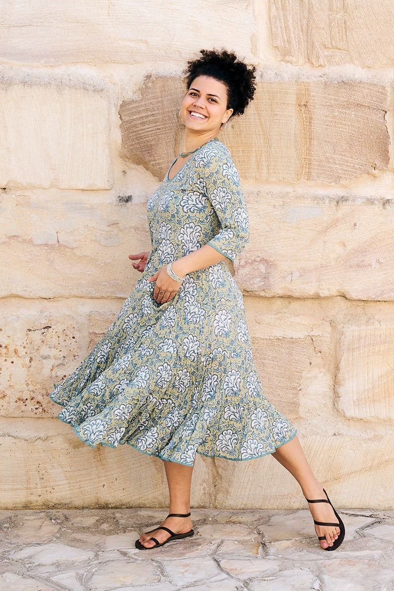 Womens, midi, Flamenco Dress, 100% Cotton, hand block print. in Sea Willow