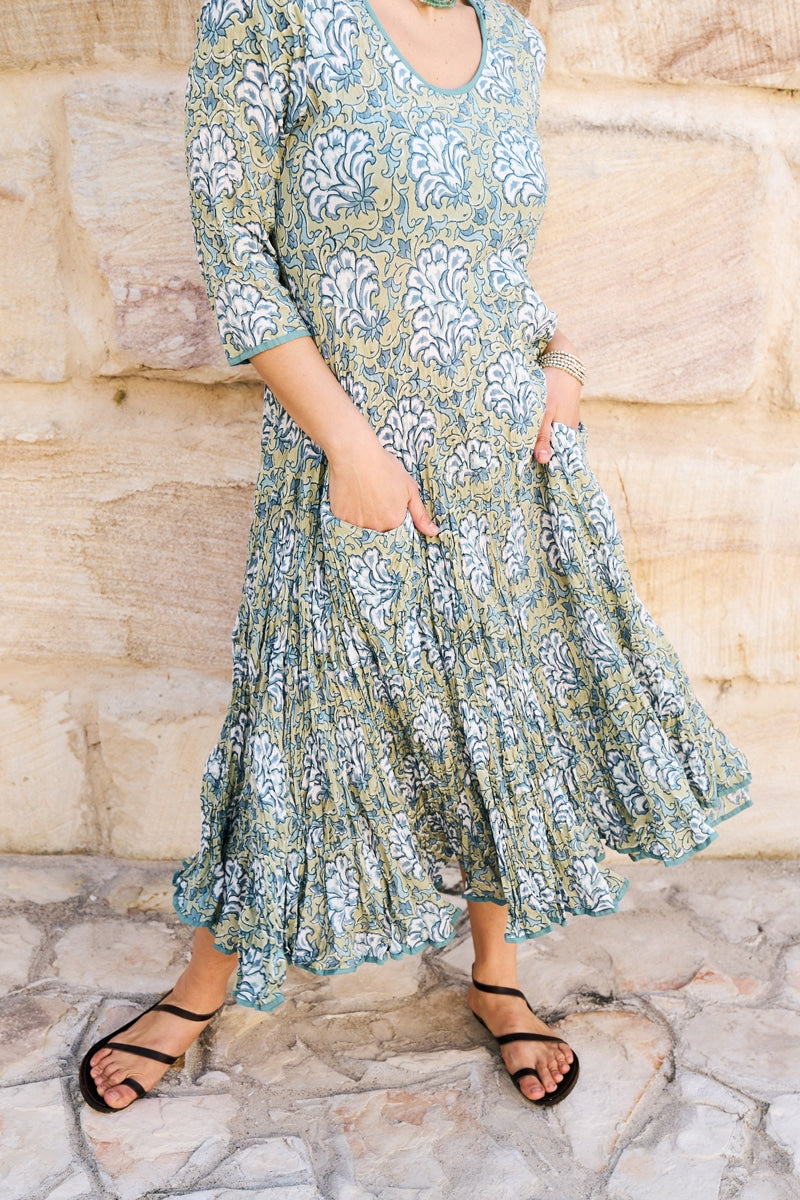 Womens, midi, Flamenco Dress, 100% Cotton, hand block print. in Sea Willow