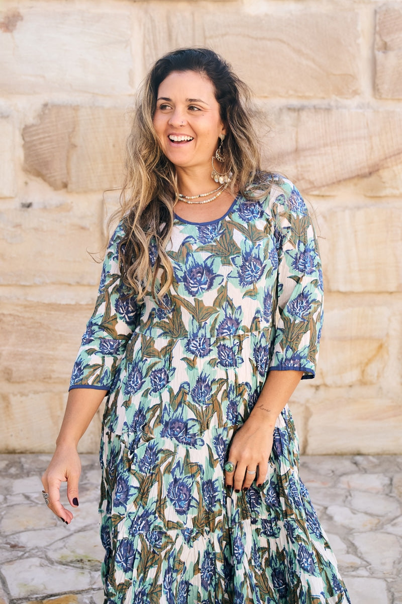Womens, midi, Flamenco Dress, 100% Cotton, hand block print. in Alora