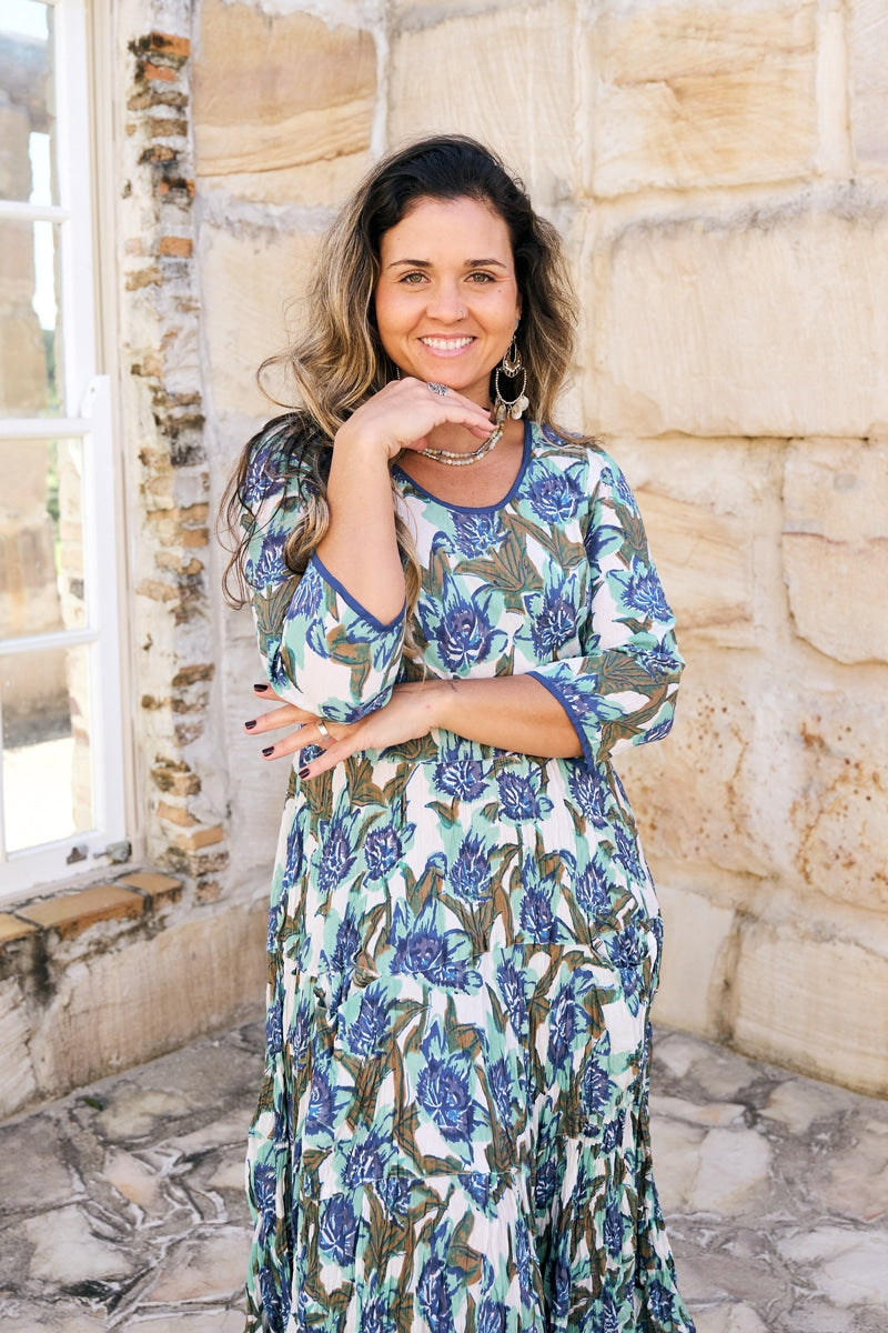 Womens, midi, Flamenco Dress, 100% Cotton, hand block print. in Alora