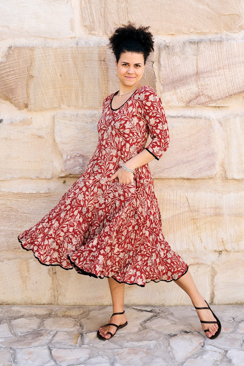 Womens, midi, Flamenco Dress, 100% Cotton, hand block print. Natural Rustic Red Rubira