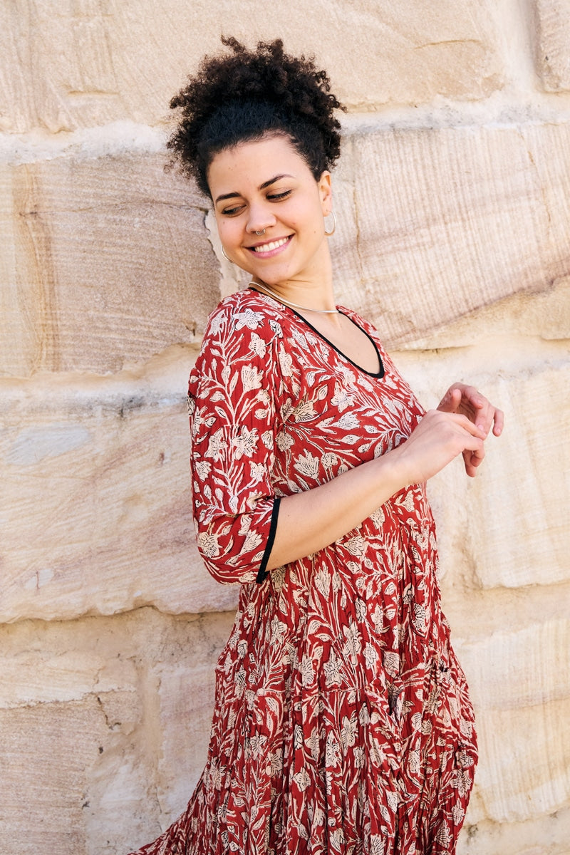 Womens, midi, Flamenco Dress, 100% Cotton, hand block print. Natural Rustic Red Rubira