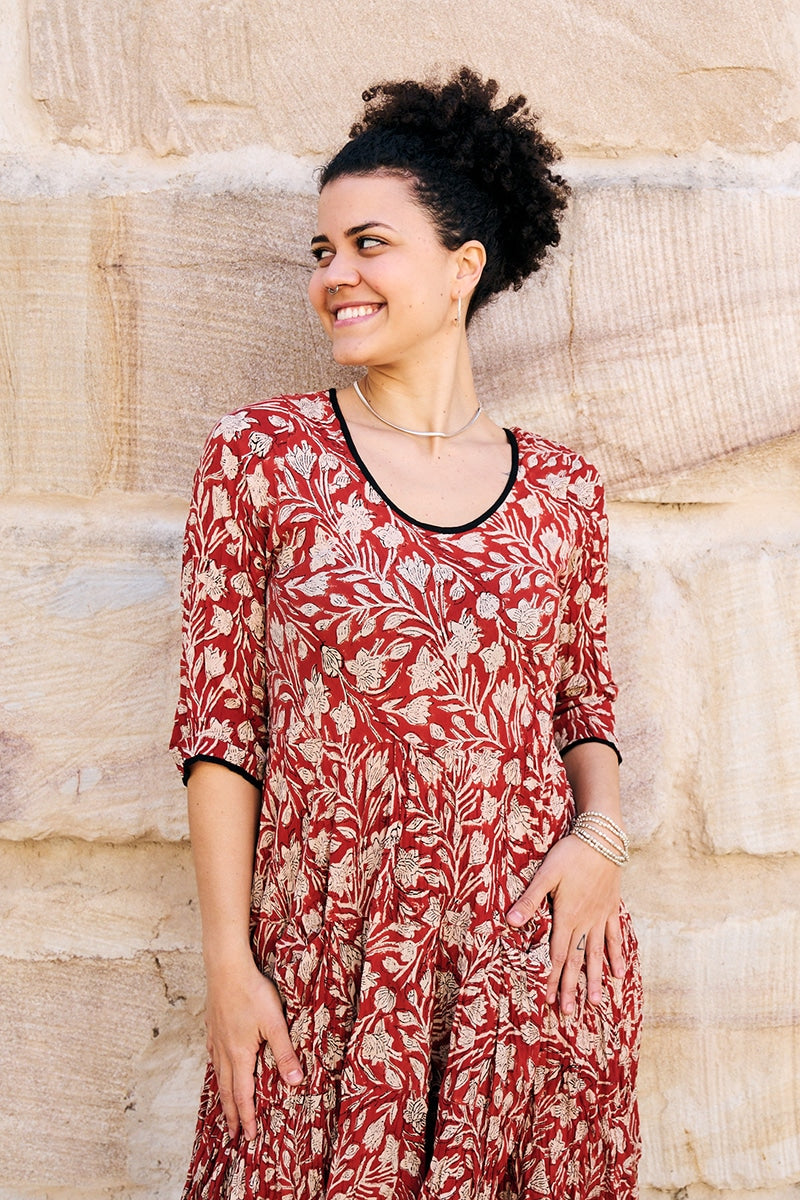 Womens, midi, Flamenco Dress, 100% Cotton, hand block print. Natural Rustic Red Rubira