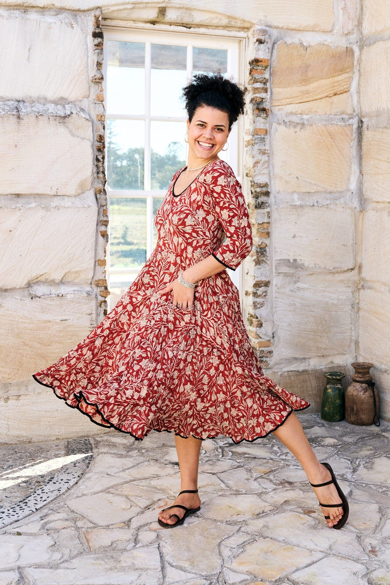 Womens, midi, Flamenco Dress, 100% Cotton, hand block print. Natural Rustic Red Rubira