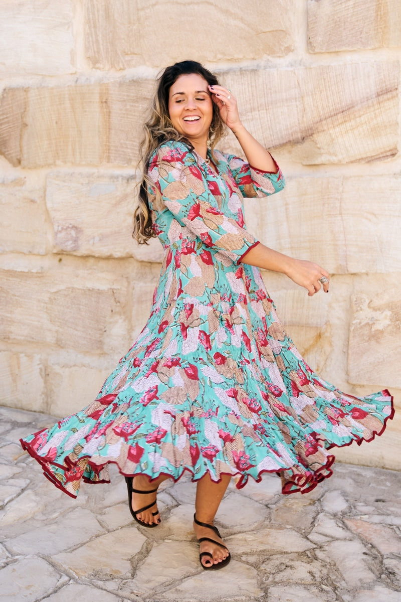 Womens, midi, Flamenco Dress, 100% Cotton, hand block print. Vaya