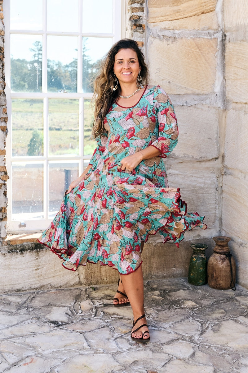 Womens, midi, Flamenco Dress, 100% Cotton, hand block print. Vaya