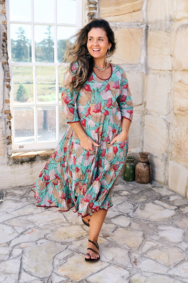 Womens, midi, Flamenco Dress, 100% Cotton, hand block print. Vaya