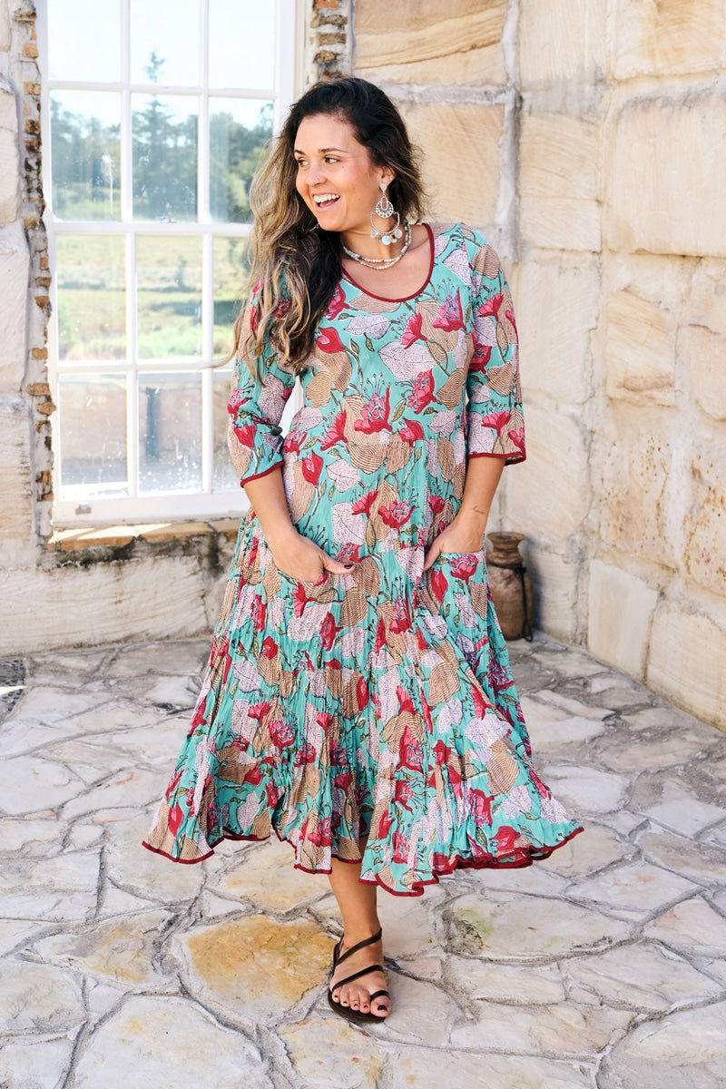 Womens, midi, Flamenco Dress, 100% Cotton, hand block print. Vaya