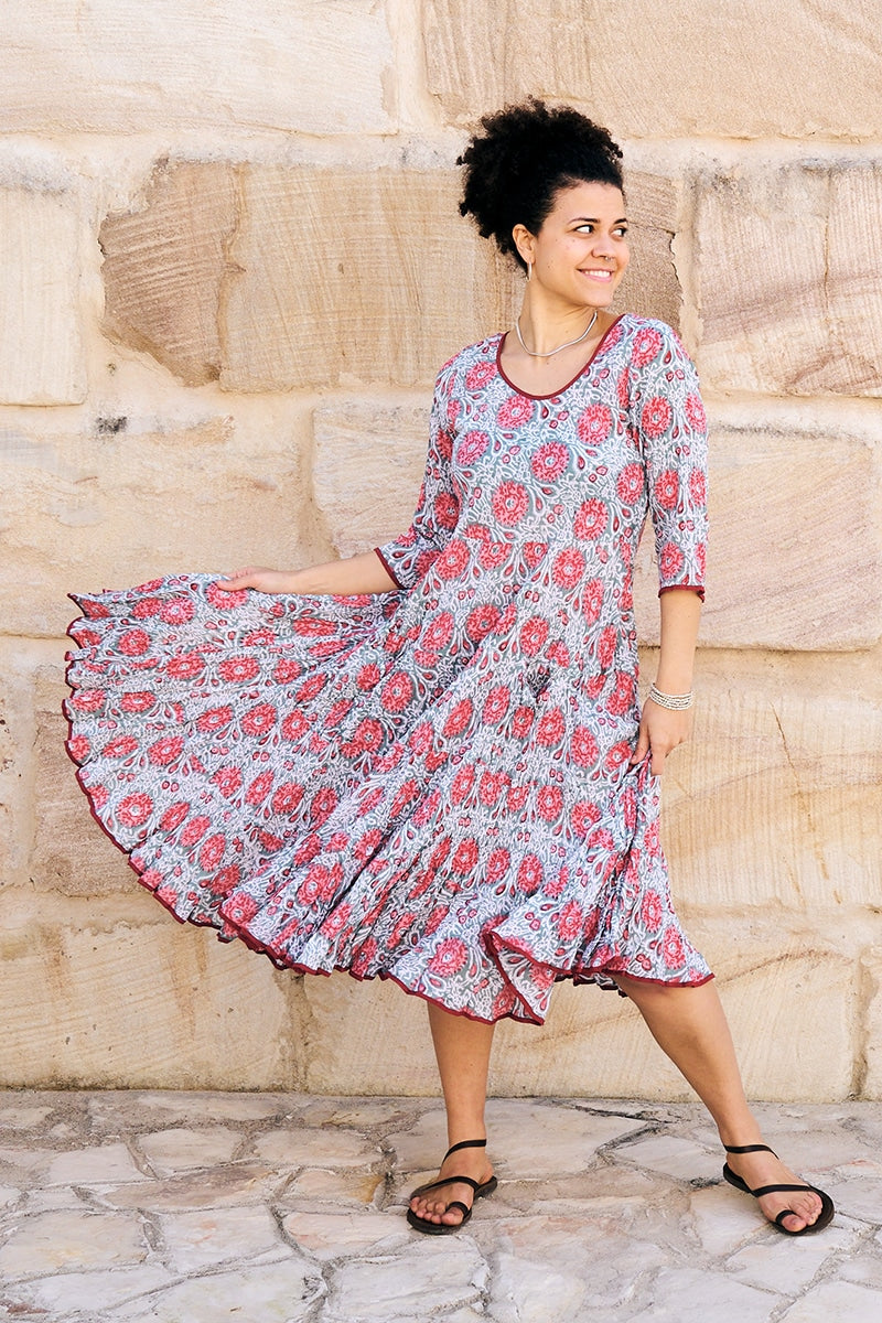 Womens, midi, Flamenco Dress, 100% Cotton, hand block print. Floria