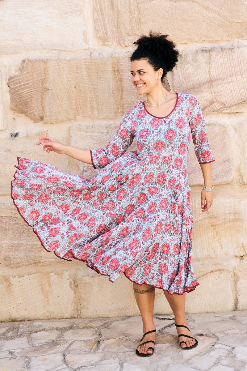 Womens, midi, Flamenco Dress, 100% Cotton, hand block print. Floria
