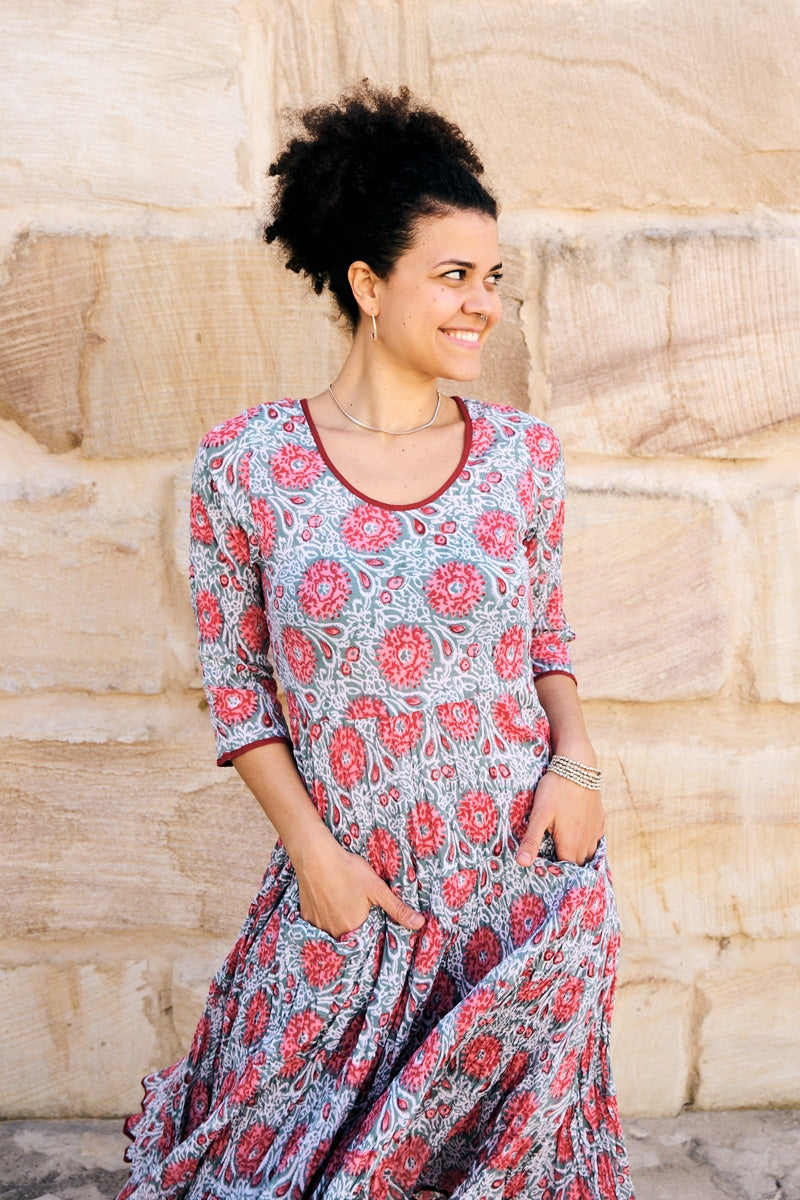 Womens, midi, Flamenco Dress, 100% Cotton, hand block print. Floria