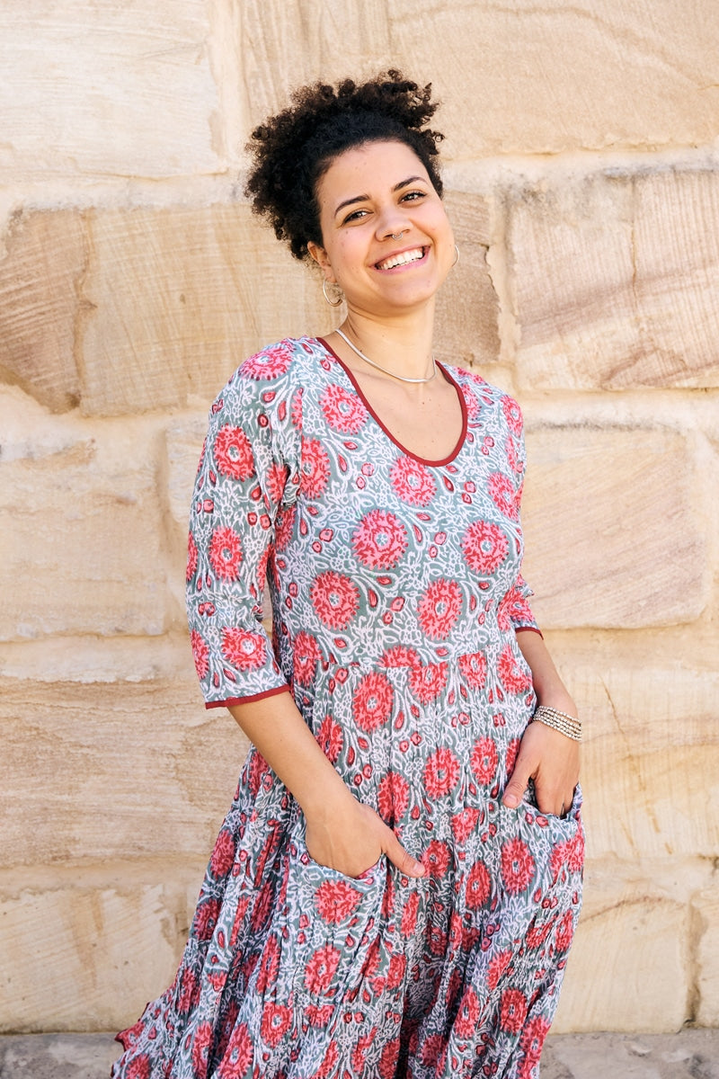 Womens, midi, Flamenco Dress, 100% Cotton, hand block print. Floria