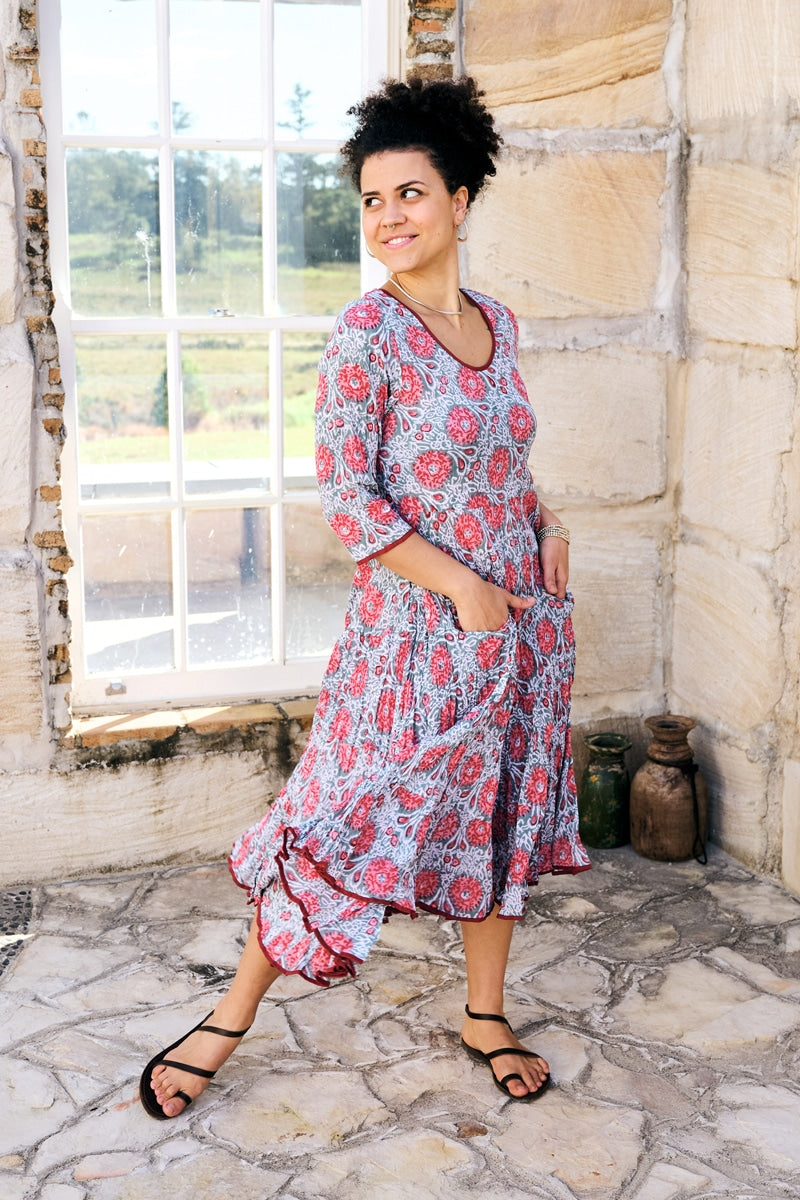 Womens, midi, Flamenco Dress, 100% Cotton, hand block print. Floria