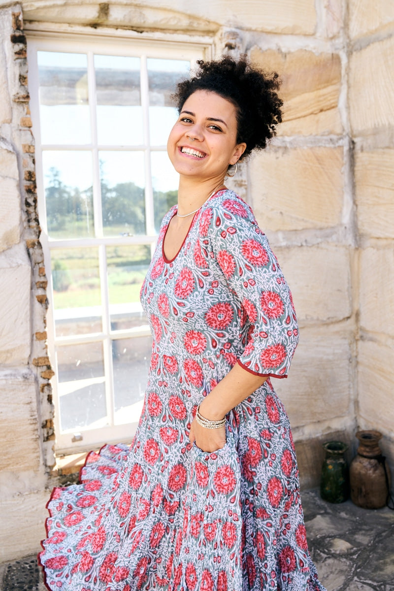 Womens, midi, Flamenco Dress, 100% Cotton, hand block print. Floria