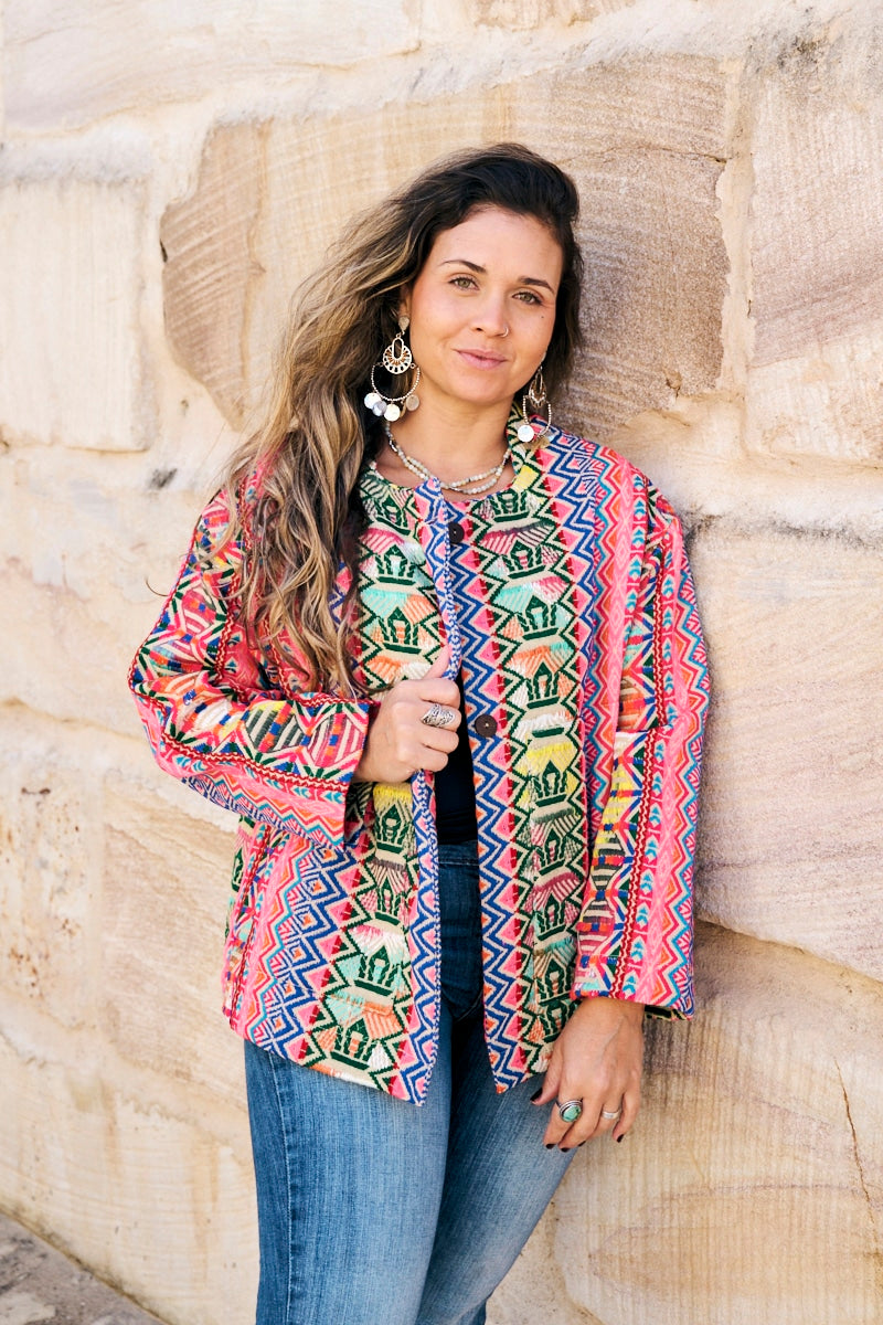Womens Pachari Jacket, viscose/wool embroidered, vibrant Andean Sol