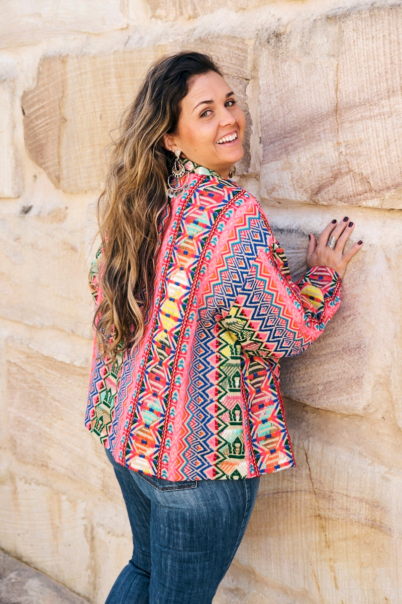 Womens Pachari Jacket, viscose/wool embroidered, vibrant Andean Sol