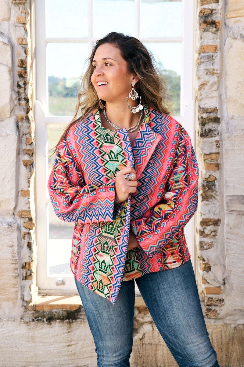 Womens Pachari Jacket, viscose/wool embroidered, vibrant Andean Sol