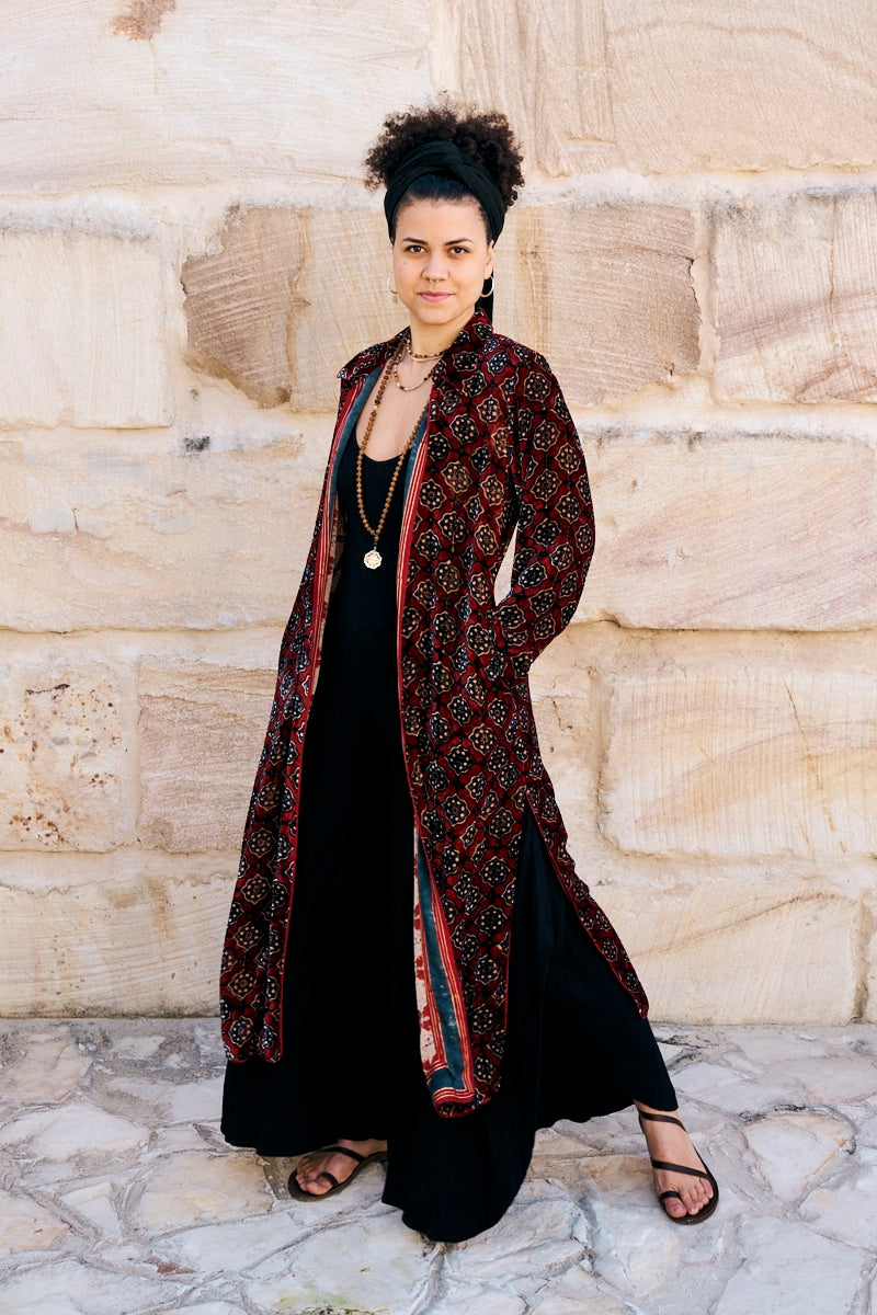 Womens, Odessa Silk Velvet Coat, hand block print, full body length with pockets, Tazia