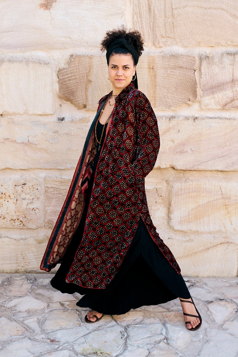 Womens, Odessa Silk Velvet Coat, hand block print, full body length with pockets, Tazia